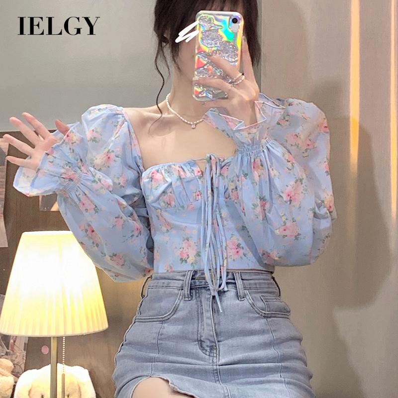 Áo kiểu IELGY dáng ôm in hoa dài tay phối dây kiểu Pháp