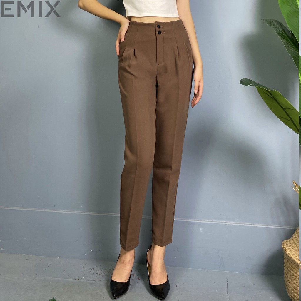 Quần tây nữ baggy 2 ly EMIX (màu nâu), công sở, dáng dài, cạp cao, 2 cúc, vải tuyết mưa ít giãn, mềm mịn 208