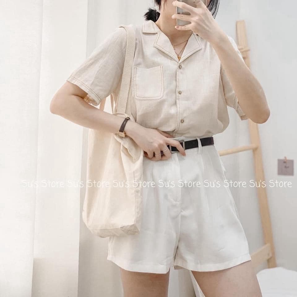 [AMANDA] Áo sơ mi nữ thô đũi viền cổ, áo kiểu nữ cộc tay cổ vest viền chỉ freesize.