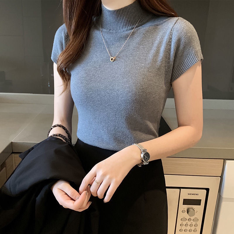 Áo Thun Dệt Kim Tay Ngắn Cổ Lọ Dáng Ôm Phong Cách Hàn Quốc Thời Trang Cho Nữ