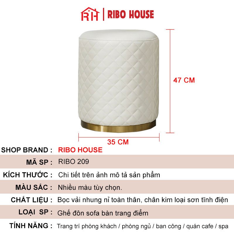 Ghế đôn RIBO HOUSE để bàn trang điểm, ghế vải nhung nỉ hoạ tiết kẻ caro trang trí phòng ngủ, phòng khách RIBO209