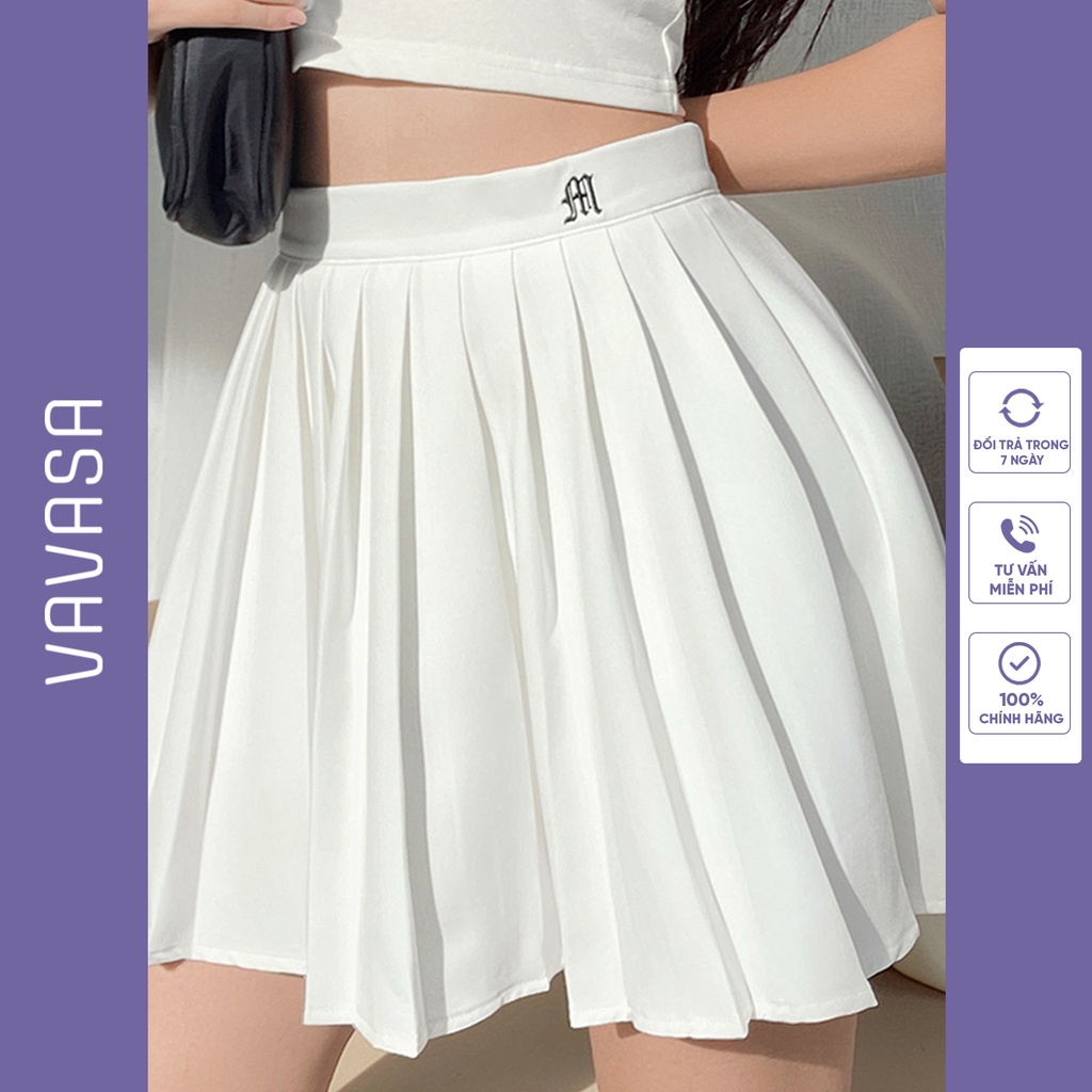 Chân váy tennis xếp ly đen trắng lưng cao ngắn bigsize trơn ulzzang hoạ tiết thêu có quần trong VAVASA CV13