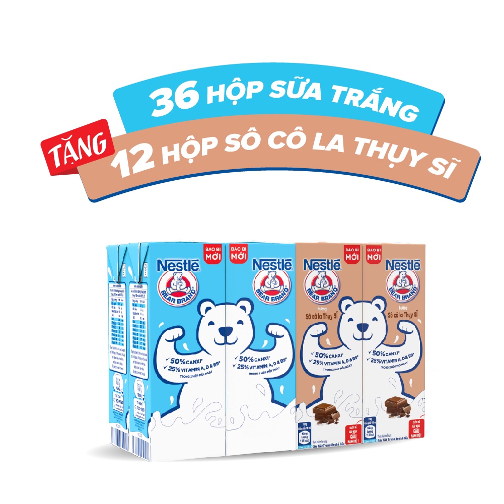 [TẶNG 12 HỘP Sô Cô La Thụy Sĩ khi mua 36 hộp] Thùng 48 hộp Sữa Nestlé Gấu Có đường (12 lốc x (3+1) hộp x 180ml)