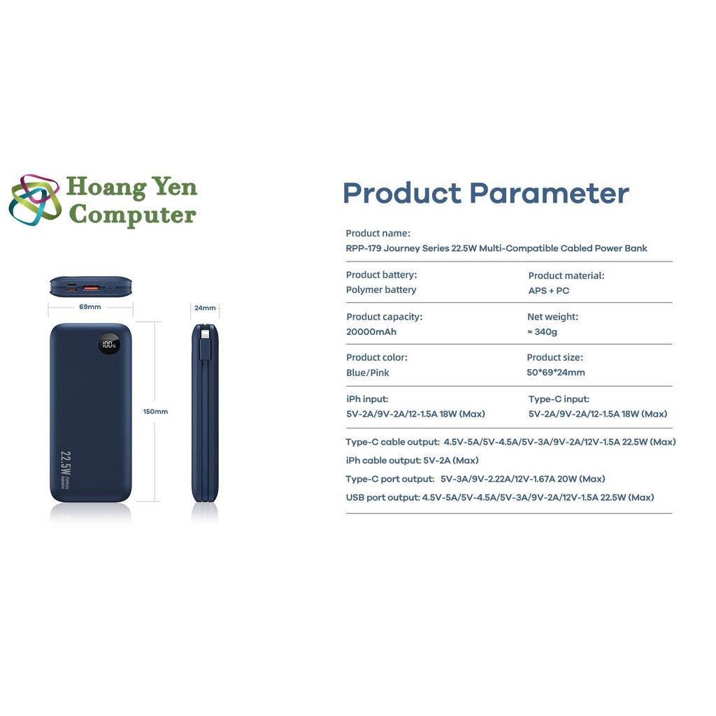 Sạc Dự Phòng Remax RPP-179 20000Mah (Sạc Nhanh QC3.0, VOOC 2.0  PD20W), Tích Hợp Cáp Sạc - BH 1 Năm - Hoàng Yến Computer