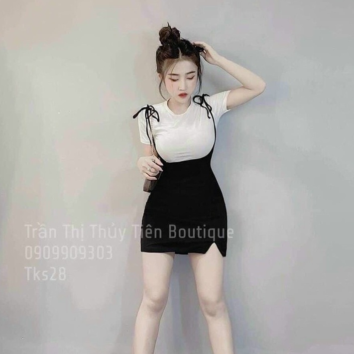 set áo thun tay ngắn mix yếm body xẻ đùi nhẹ xinh l