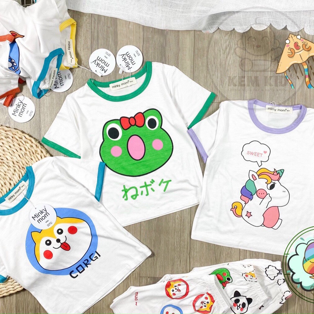 Minky Mom bộ cộc viền màu, quần in hình ngộ nghĩnh