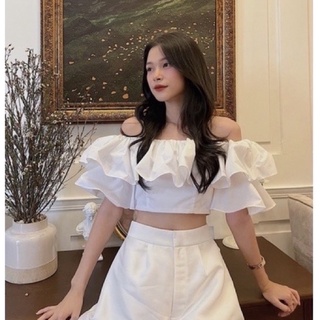 áo trễ vai tay phồng , áo croptop 2 lớp bánh bèo nhún lưng xinh xắn
