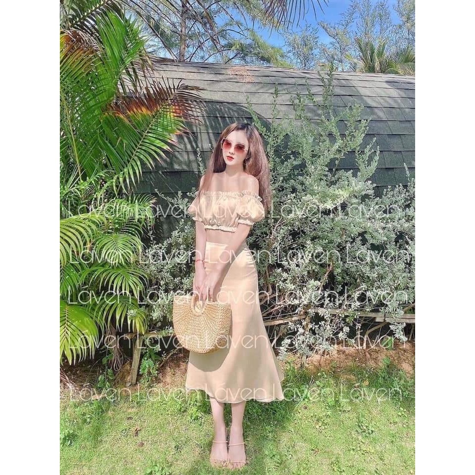 Sét áo và chân váy nữ dự tiệc dễ thương, áo croptop kiểu bo thun phối chân váy chất lụa bóng cao cấp thiết kế trẻ trung | BigBuy360 - bigbuy360.vn