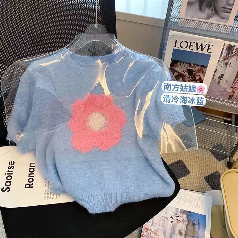 Áo Sweater Nữ Tay Ngắn In Hoa Màu Xanh Dương