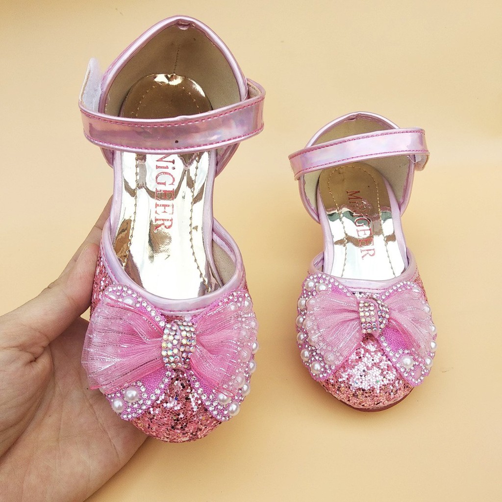 Giày Sandal bé gái - Giày cao gót 2cm kim tuyến đính nơ