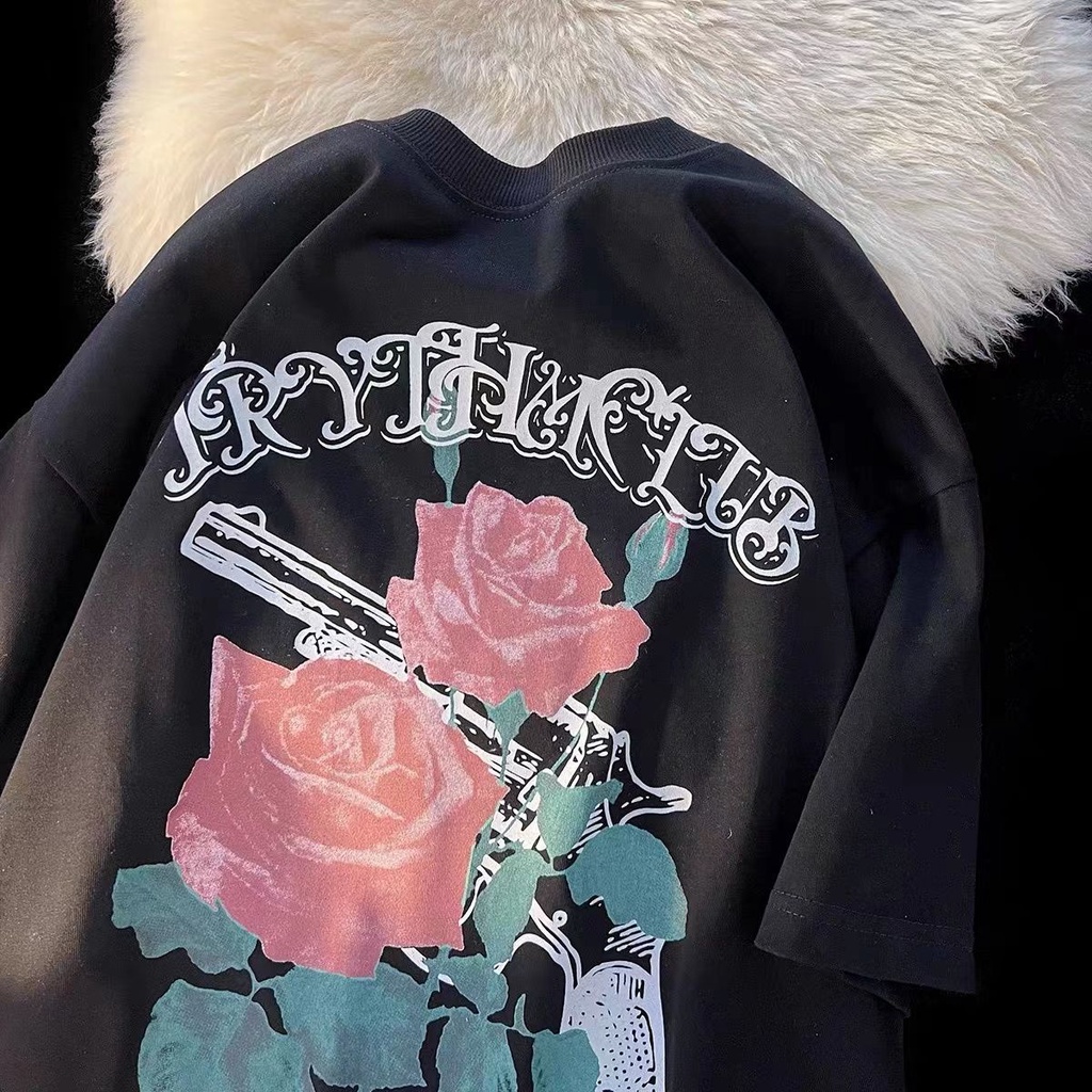 Jiashucheng Áo Thun Tay Ngắn In Hình Hoa Hồng Cao Cấp Phong Cách Đường Phố Mỹ Dễ Phối Đồ Cho Nữ