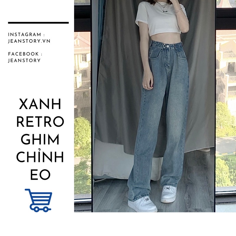 Quần Jessy Jeans Suông Xanh Retro Ghim Chỉnh Eo