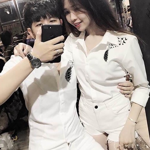Áo sơ mi Cặp LÔNG VŨ dài tay Hàn Quốc hình dáng ôm vải lụa thái chống nhăn chống xù SIÊU ĐẸP