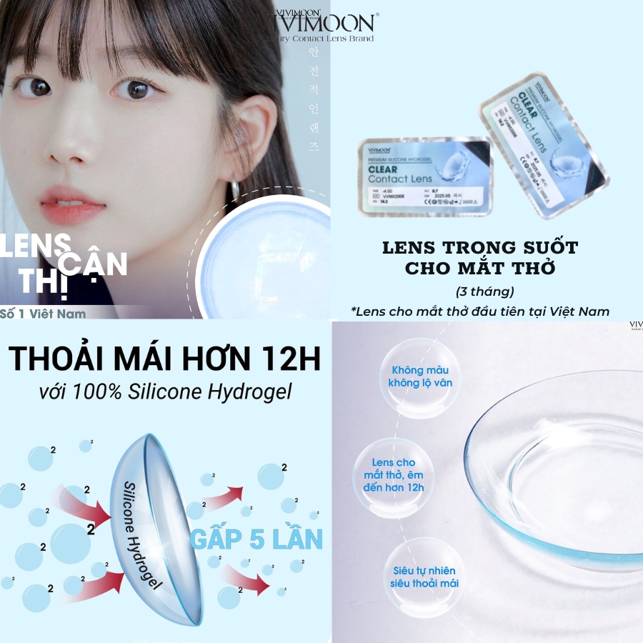 Kính áp tròng VIVIMOON LENS trong suốt cận cho mắt thở Vivimedi Oxy Plus 3