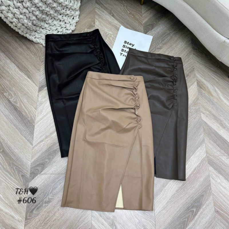 Chân váy da dài xẻ dúm hàng QCL1