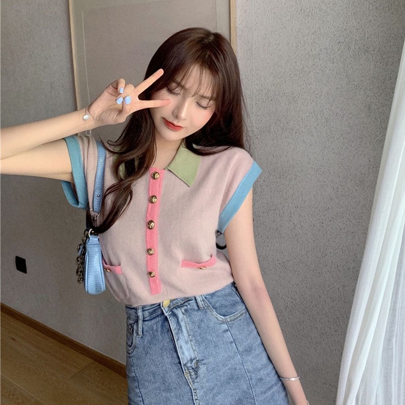 Áo croptop IELGY len mỏng dáng rộng cổ polo phối màu tương phản cho nữ