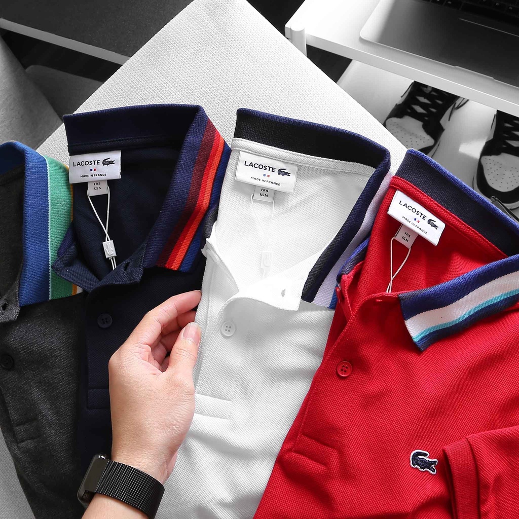 Áo Polo Nam LACOSTE FRANCE Viền Phối Cổ Logo Xanh Dương - vải da cá sấu Full Tag Tem Code Form SlimFit