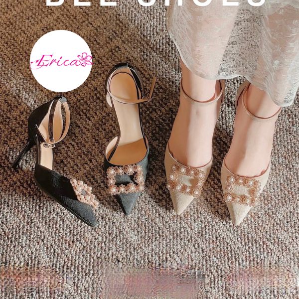 Giày cao gót 7p bít mũi có đính đá ngọc phối kiểu sandal có quai trên sang chảnh cuốn hút ERICA G68 BCF