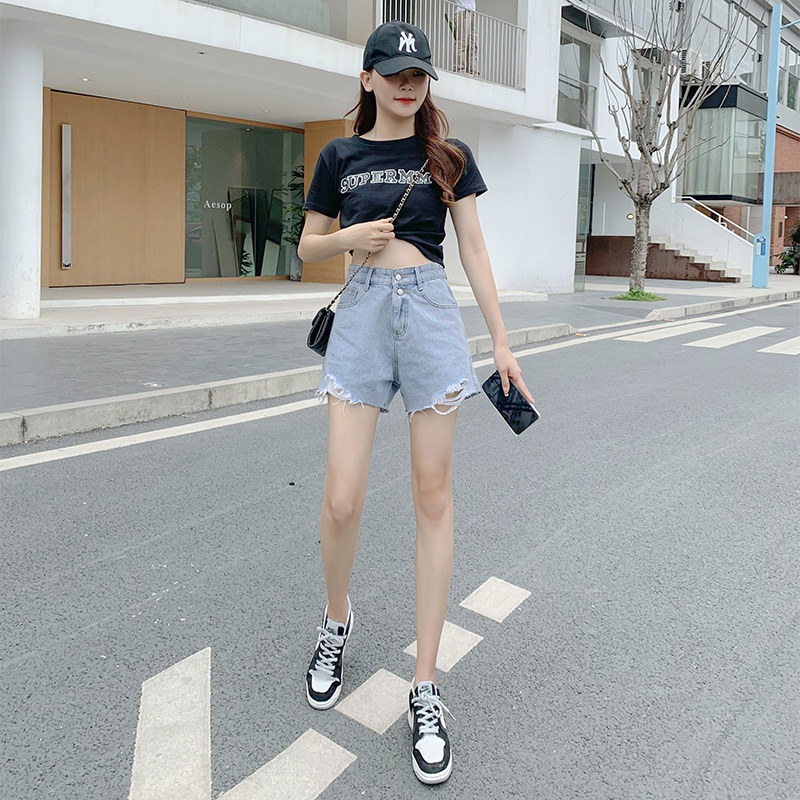 Quần short denim ống rộng lưng cao rách thời trang mùa hè Hàn Quốc cho nữ