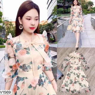 Váy hoa dài tay v1569 - đẹp shop dvc - kèm ảnh thật trải sàn do shop tự chụp