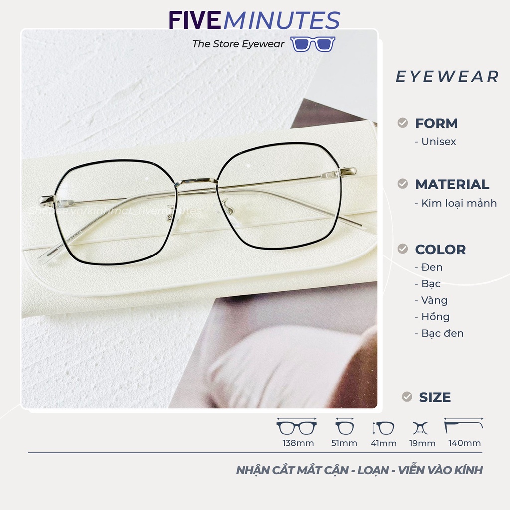 ✔●❉Gọng kính cận nữ, kim loại vuông góc cạnh Fiveminutes 72328 nhiều màu mảnh Siêu Hot
