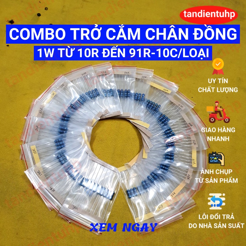 Trở cắm 1W màng kim loại, chân Đồng, sai số 1% ,Combo 21 trị số từ 10R đến 91R mỗi loại 10 chiếc, thương hiệu Đài Loan