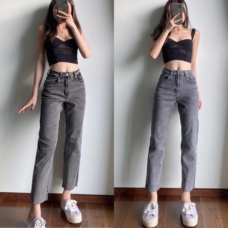 Quần skinny xám ống đứng lai cắt lưng cao