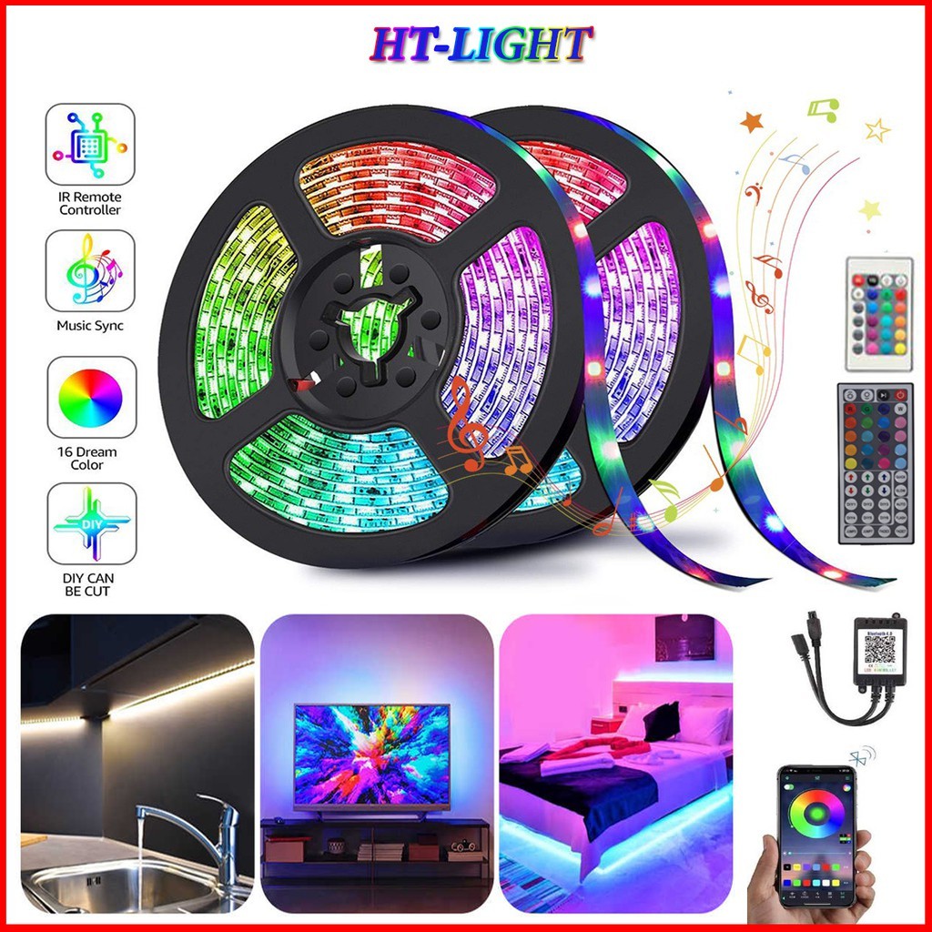 Cuộn dây Led dán đổi 7 màu RGB 5 mét Chống nước- Phủ Silicon- Remote 44 phím chức năng