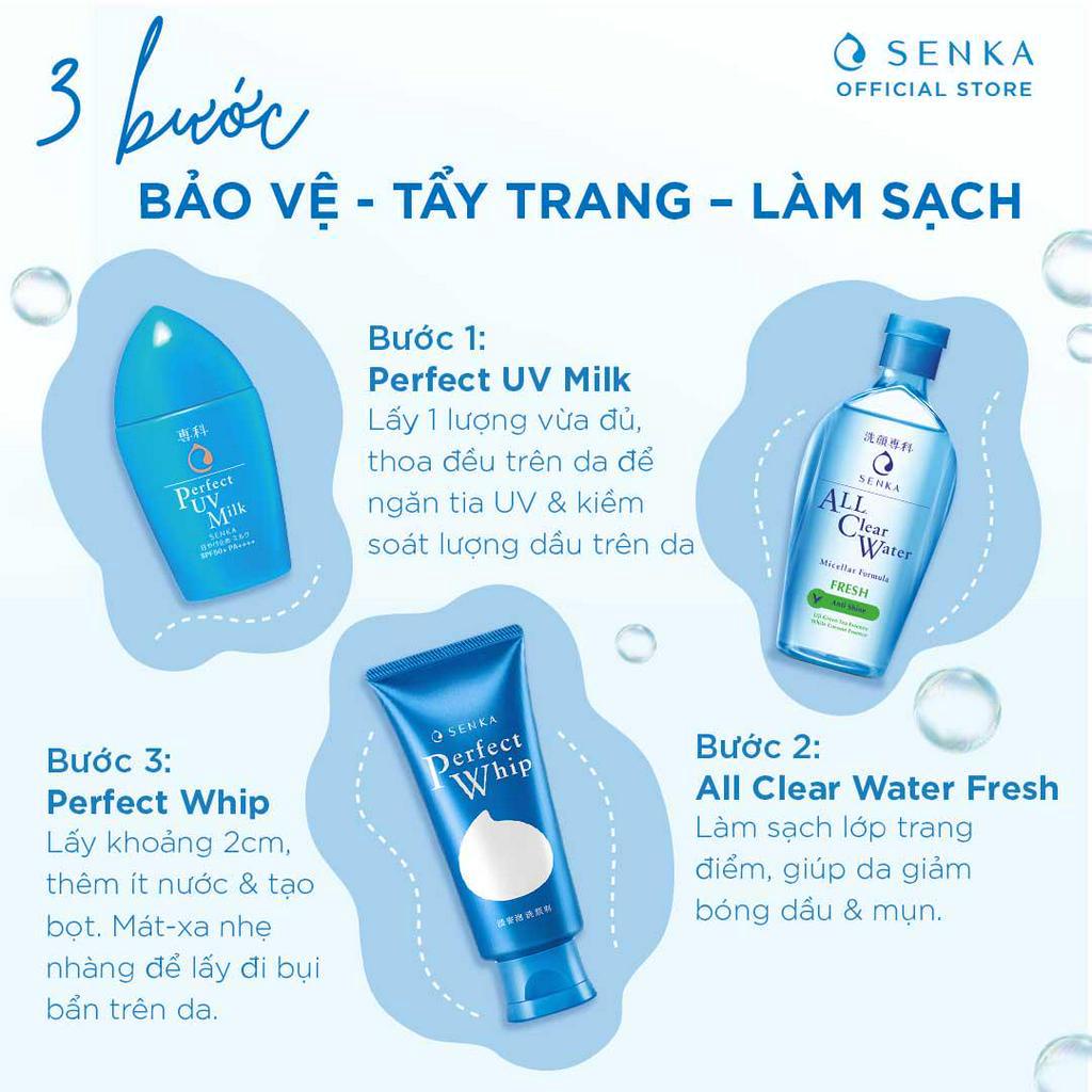 Combo Senka Làm Sạch Chống Nắng Kiềm Dầu Hoàn Hảo (Water Fresh 230ml + Perfect Whip 120g + UV Milk 40ml)