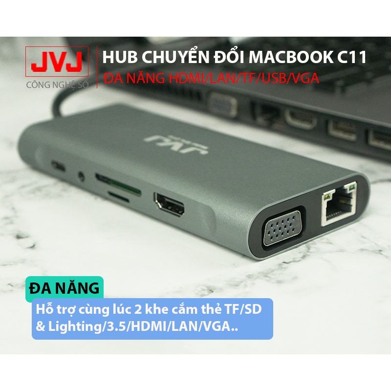 Hub chuyển đổi Macbook JVJ C11 cổng TypeC 11in1 sáng HDMI 4K, VGA, USB - C 3.0, cổng lan RJ45, TypeC 3.5mm BH 2 năm1đổi1 | BigBuy360 - bigbuy360.vn