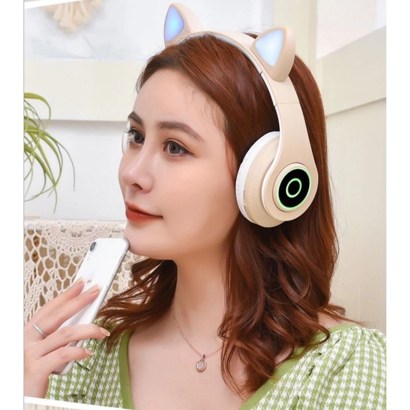 Tai Nghe Bluetooth 5.0 Không Dây Chống Ồn Hình Tai Mèo Có Đèn LED Và Mic Đầu Cắm 3.5mm