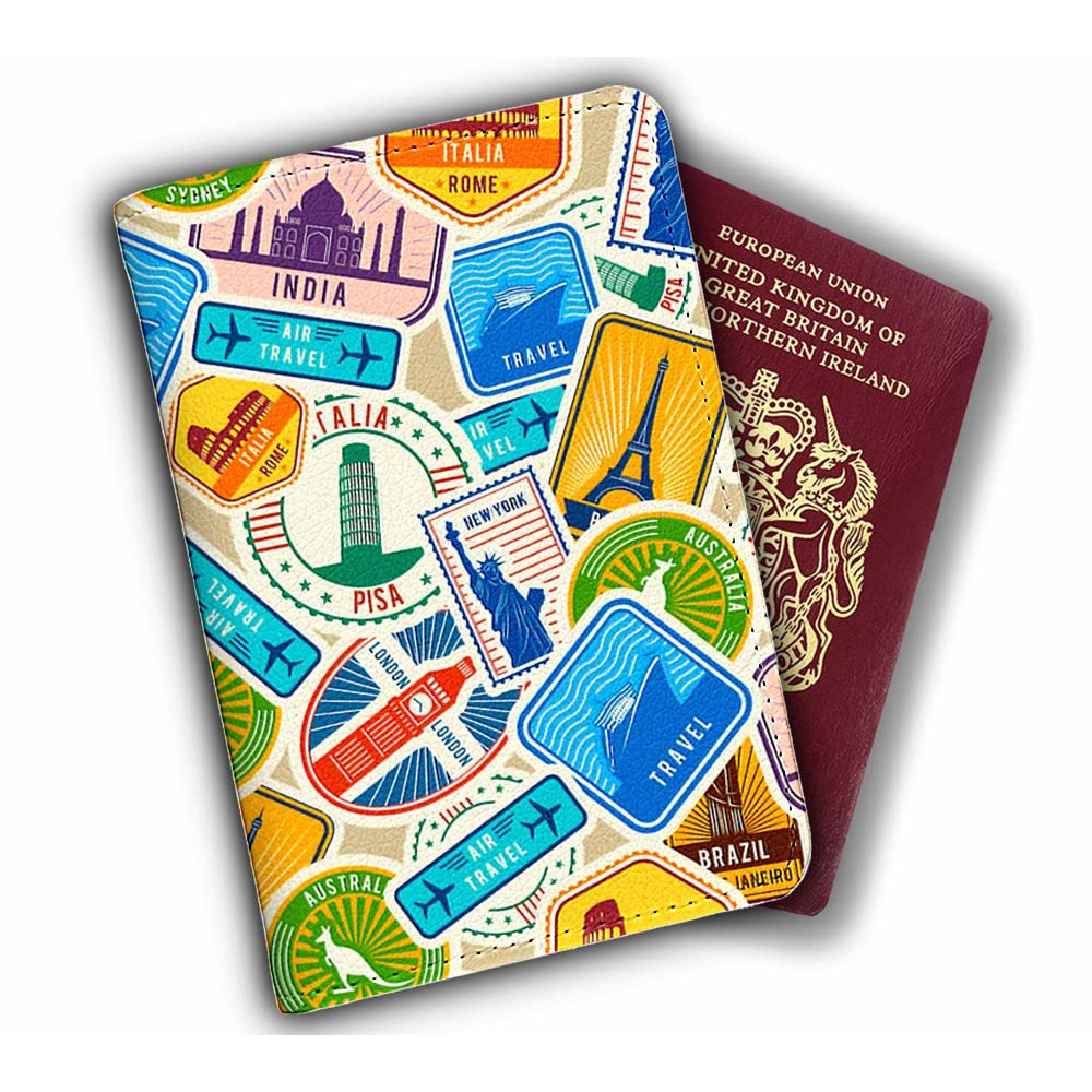 Ví Passport Du Lịch TEM DÁN - Bao Da Hộ Chiếu Và Đựng Thẻ Độc Đáo LẠ Mắt - Passport Cover Holder STAMP - LT004