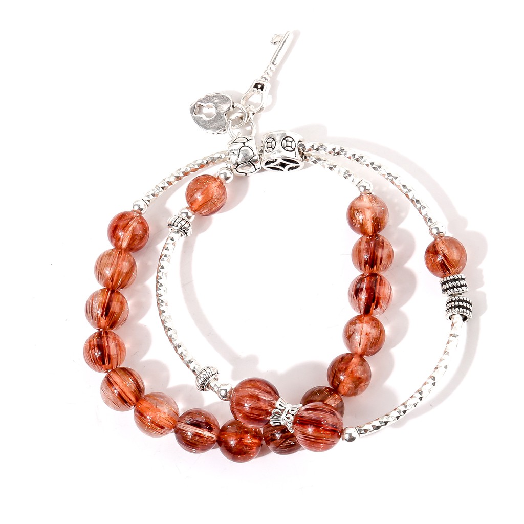 Vòng tay đá thạch anh tóc đỏ phối charm khóa trường mệnh - Ancarat