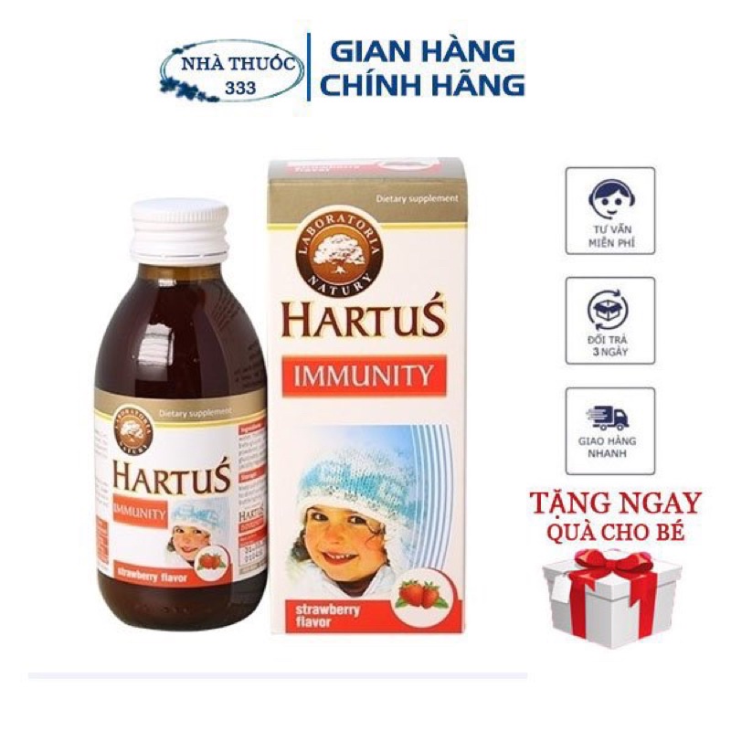 Hartus Immunity, siro tăng sức đề kháng, tăng miễn dịch cho bé, hết ốm vặt, ngăn các bệnh đường hô hấp trên (Chai 150ml)