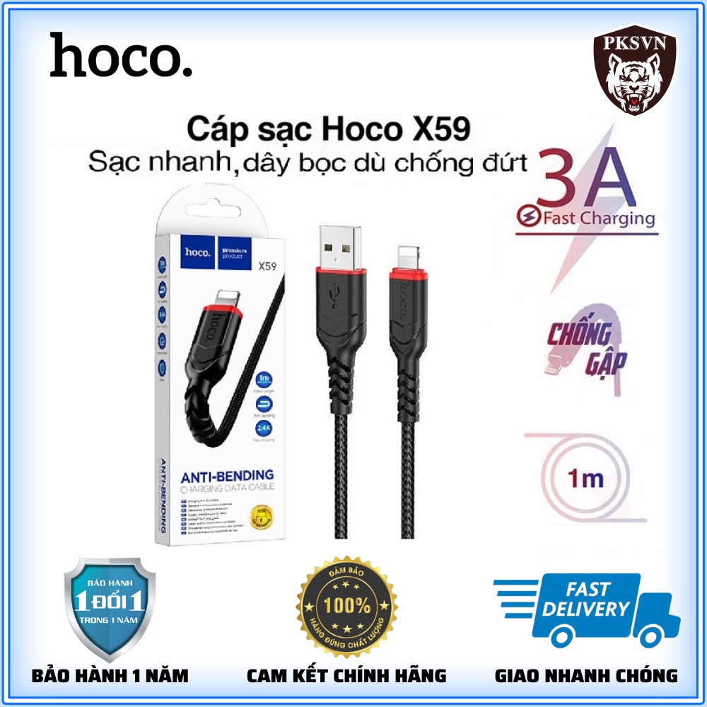 Cáp Sạc Nhanh Hoco X59 Chính Hãng - Dây Sạc Hoco Hỗ trợ sạc 2.4A/3A Dây dù chống đứt, truyền dữ liệu tốc độ cao - BH 12T