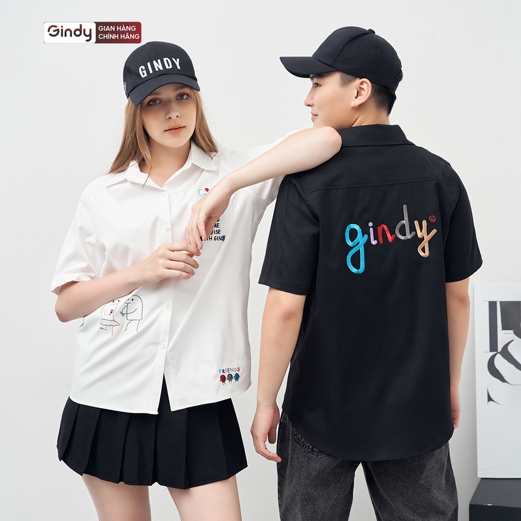 Áo sơ mi nam nữ form rộng unisex thời trang Hàn Quốc GINDY sơmi ngắn tay thiết kế thêu chữ họa tiết A077