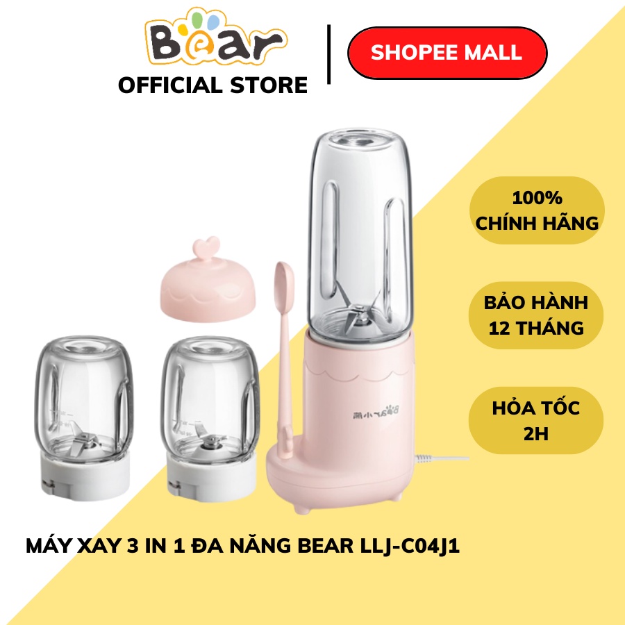 Máy 3 Cối Cho Bé Ăn Dặm Mini Đa Năng Cầm Tay Bear LLJ C04J1, xay Thịt, sinh tố, xay tiêu, hoa quả, thực phẩm, BH 12th