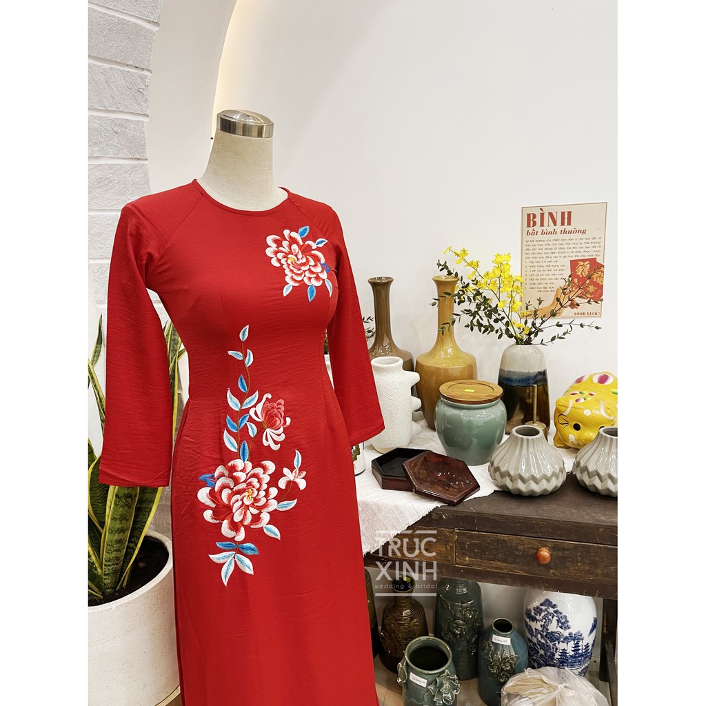 Áo dài đỏ MAY MẮN - áo dài cưới thêu GIÁ RẺ - Áo dài Tết