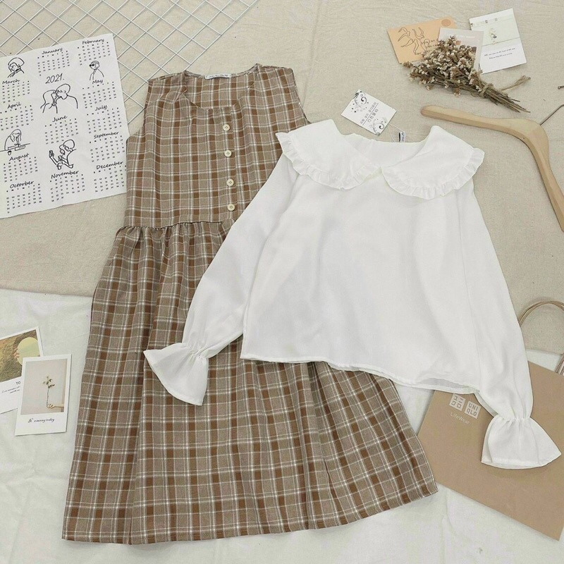 SET YẾM CARO KÈM ÁO SƠ MI CỔ SEN