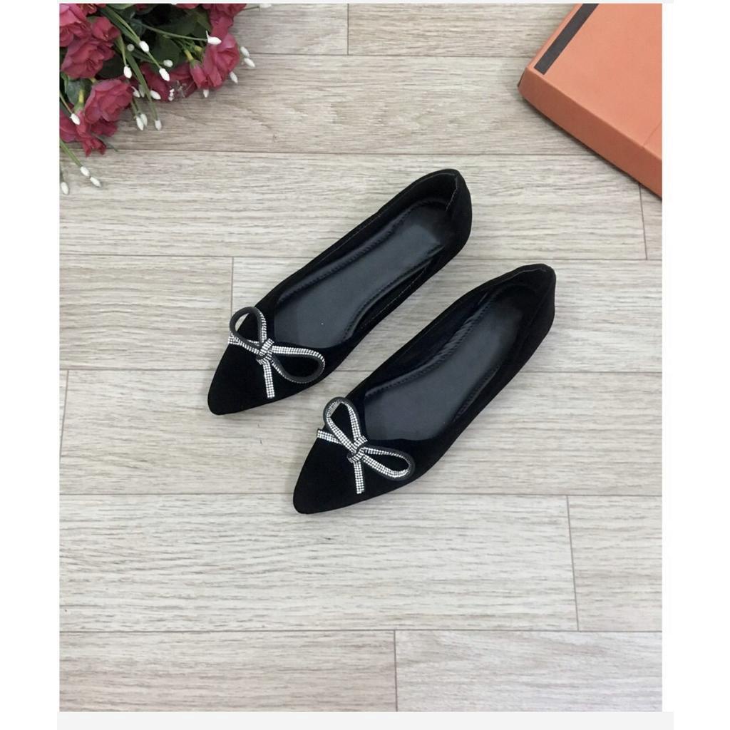 Giày bệt búp bê nữ mũi nhọn đính nơ đá xinh xắn da mềm êm chân - B25