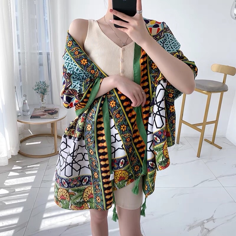 Khăn Quàng Đi Biển Boho Vintage Hoạ Tiết Xanh Nhẹ Nhàng Che Nắng Tốt