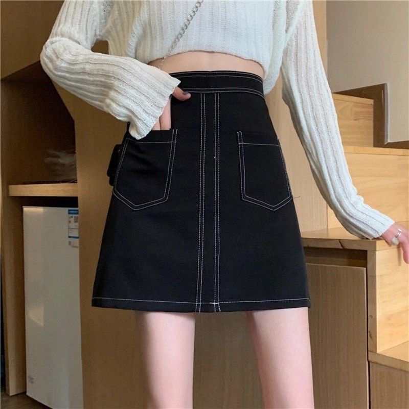 Chân váy nữ chữ A dáng ngắn viền chỉ nổi cá tính có quần bảo hộ kín đáo đen