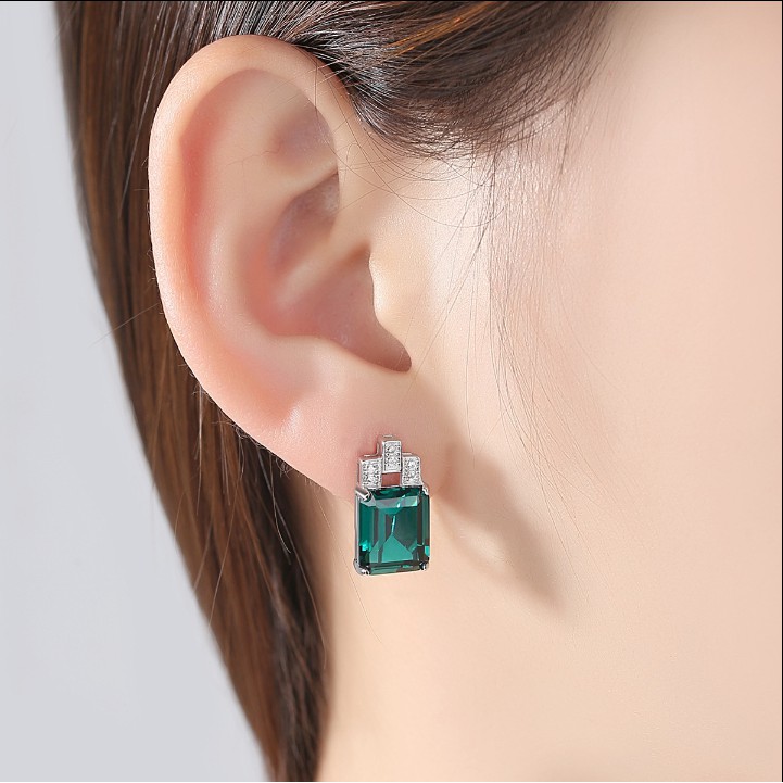 Bông Tai Bạc Nữ S925 B-1457 Đính Đá Màu Xanh Lục-Bảo Ngọc Jewelry