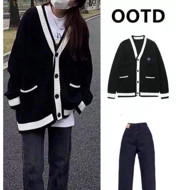 Áo len cardigan có túi phối màu basic Ulzzang