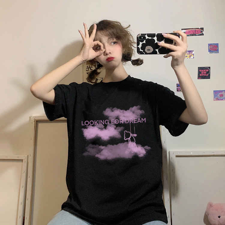 Áo Thun Nữ Ngắn Tay Dáng Dài In Hình Đám Mây Dễ Thương