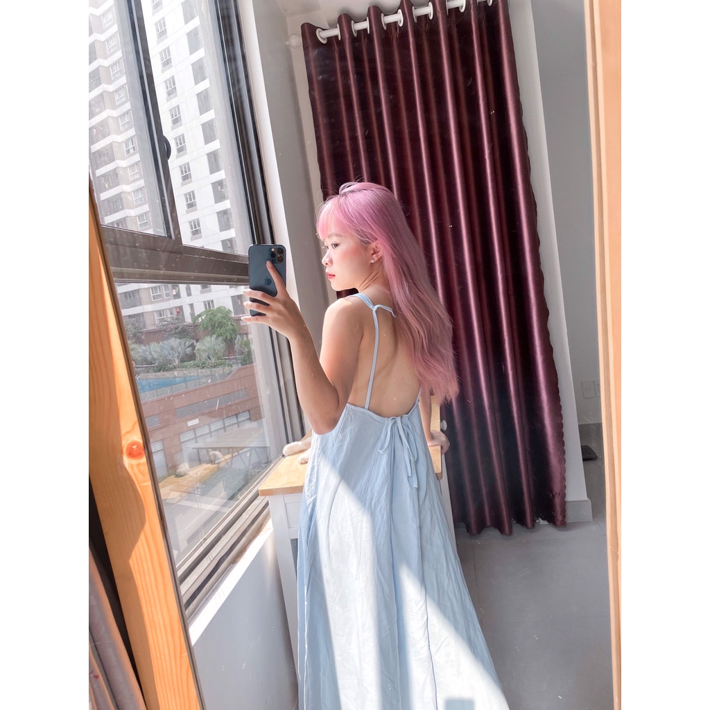 Đầm maxi , Đầm yếm , Đầm 2 dây Cao Cấp thiết kế màu xanh dáng suông dài qua gối hở lưng cột nơ sau - MiNhi | BigBuy360 - bigbuy360.vn