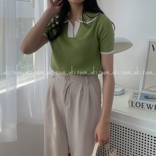 Áo len mỏng cộc tay cổ bẻ viền màu