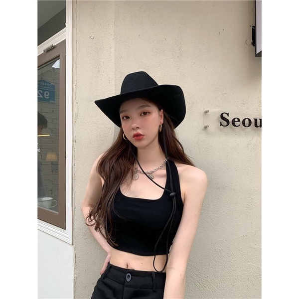 Áo thun croptop ba lỗ cổ yếm hở vai lộ eo đen trắng be freesize phom ôm tôn dáng sexy hàn quốc