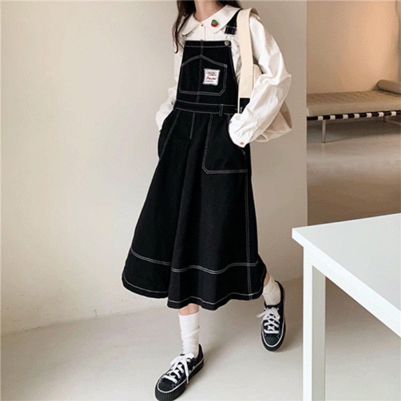 Váy yếm jeans denim dáng xoè vintage ulzzang Hàn Quốc [Yannie]