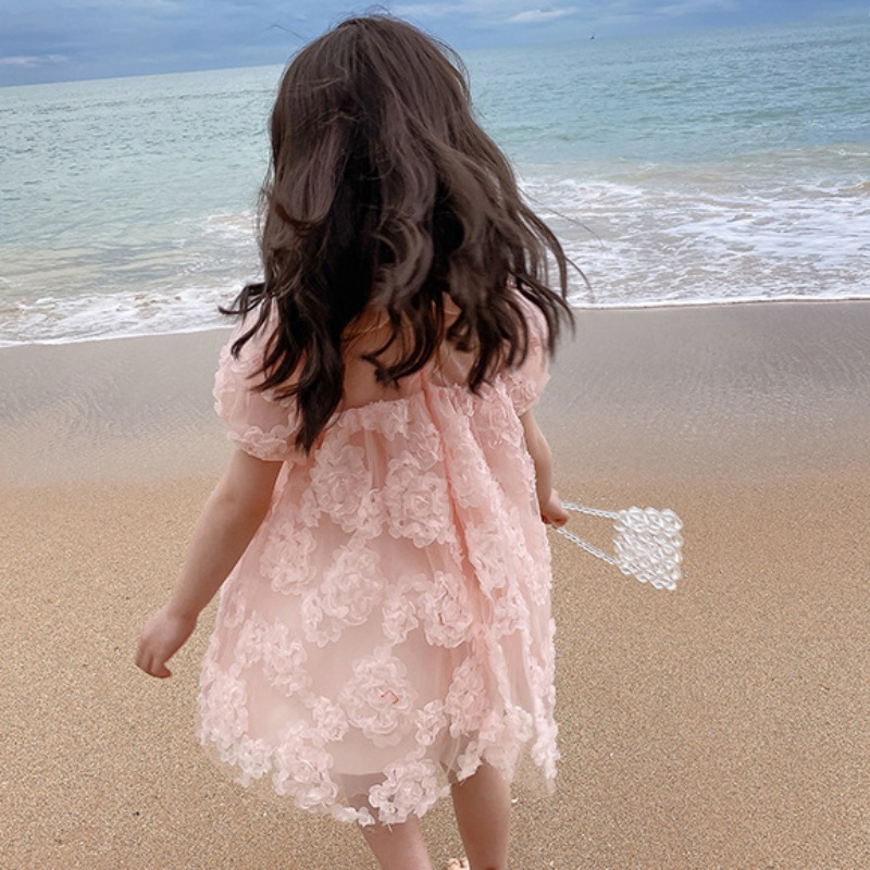 Se7en Đầm Công Chúa Ba Chiều Màu Trơn Tay Phồng Đính Hoa Ngọc Trai Mùa Hè Hàn Quốc Cho Bé Gái